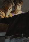Two people sitting closely together, one with a hand on their face, against a dark background. Detail of death bed scene oil painting.