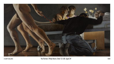 Artistic depiction of a person lying on a bed with another person standing over them, in a dark room.