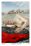 This image features a giclée art print titled "A Blockage in the 'U' Bend of Love," which depicts a tender and nostalgic scene of two individuals, Joss and her then girlfriend, relaxing on Brighton Beach. The artwork captures a moment of tranquility and emotional depth, expressing themes of love and loss.