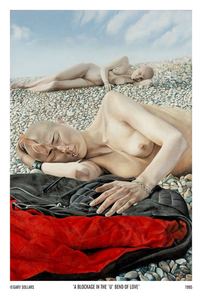 This image features a giclée art print titled "A Blockage in the 'U' Bend of Love," which depicts a tender and nostalgic scene of two individuals, Joss and her then girlfriend, relaxing on Brighton Beach. The artwork captures a moment of tranquility and emotional depth, expressing themes of love and loss.