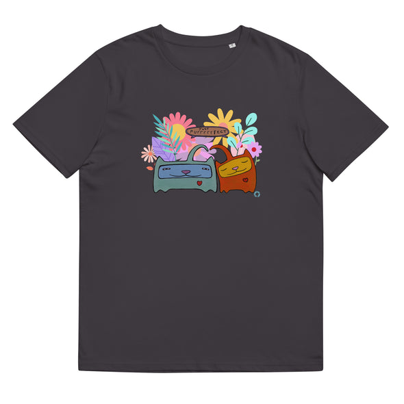 Anthracite dark brown Organic T shirt, cute cat design, romantic, words say JUST PURRRRRFECT.