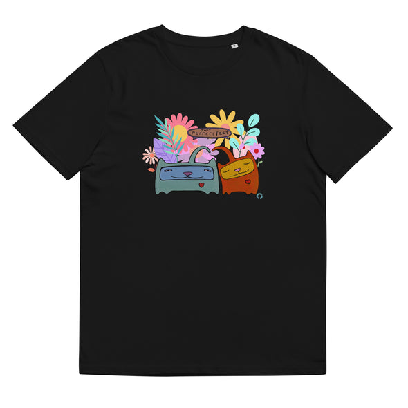 blackOrganic T shirt, cute cat design, romantic, words say JUST PURRRRRFECT.  