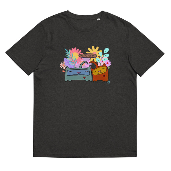 Heather grey Organic T shirt, cute cat design, romantic, words say JUST PURRRRRFECT. 