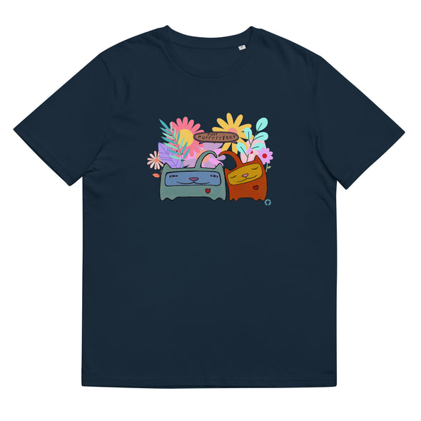 Navy Organic T shirt, cute cat design, romantic, words say JUST PURRRRRFECT. 