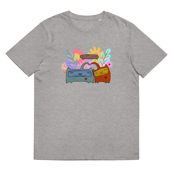 Light grey Organic T shirt, cute cat design, romantic, words say JUST PURRRRRFECT. 