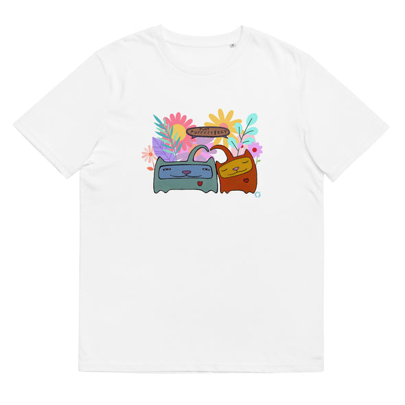 White Organic T shirt, cute cat design, romantic, words say JUST PURRRRRFECT. 
